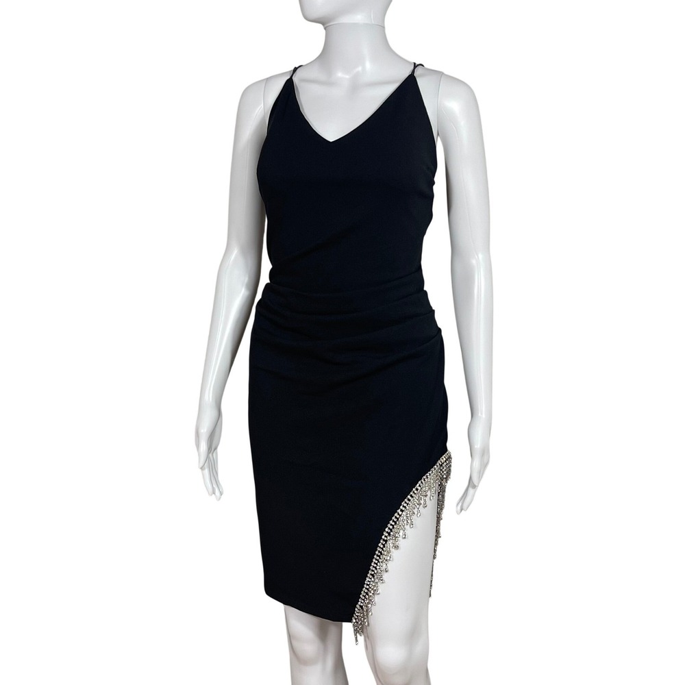 NWT Black Rhinestone Fringe Slit Open Back Mini Bodycon Dress Cocktail Party Y2K